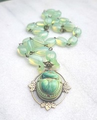 VINTAGE NEIGER EGYPTIAN SCARAB PENDANT OPALITE BEAD URANIUM FLOWER NECKLACE SET