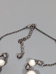 Gray Metallic White Faux Pearl Charm Chain Tassel Beaded Necklace 21 in
