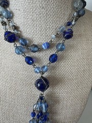 Vintage Blue Art Glass Bead Tassel Necklace 5 Strand Bracelet Set Boho Y2K L017