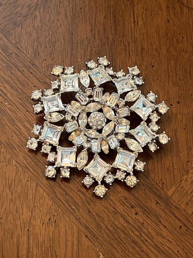 Vintage Bogoff Clear Rhinestone Snowflake Statement Brooch Silver Tone Signed!