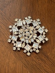 Vintage Bogoff Clear Rhinestone Snowflake Statement Brooch Silver Tone Signed!