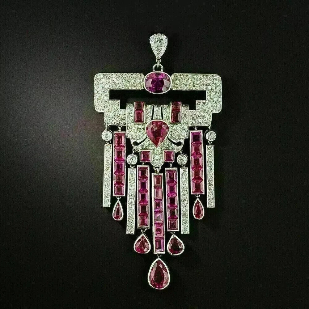 Art Deco Style Lab Created Ruby & Diamond 14K White Gold FN Engagement Pendant