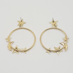 Stars Crescent Moon Colorful Enamel Metal Gold Tone Round Hoop Pierced Earrings