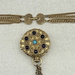 Vintage Goldette Trinket Locket Multi Strand Chain 30-42″ Blue Red Scrollwork