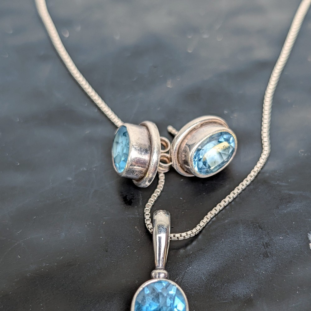 Sajen 925 Sterling Silver Blue Bezel Pendant Necklace+Stud Earring Set 💎