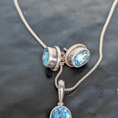 Sajen 925 Sterling Silver Blue Bezel Pendant Necklace+Stud Earring Set 💎