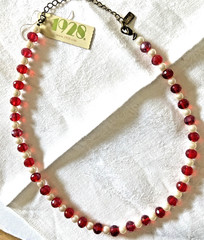 VTG 1928 Red Crystal Necklace White Beads – 18 in