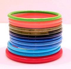 LOT of 12 VINTAGE FLAT PLASTIC BANGLE BRACELETS in VARIOUS COLORS (Lot #9)