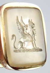 Superb Antique Georgian Gold Fill Chalcedony Griffin Sword Intaglio Seal Pendant