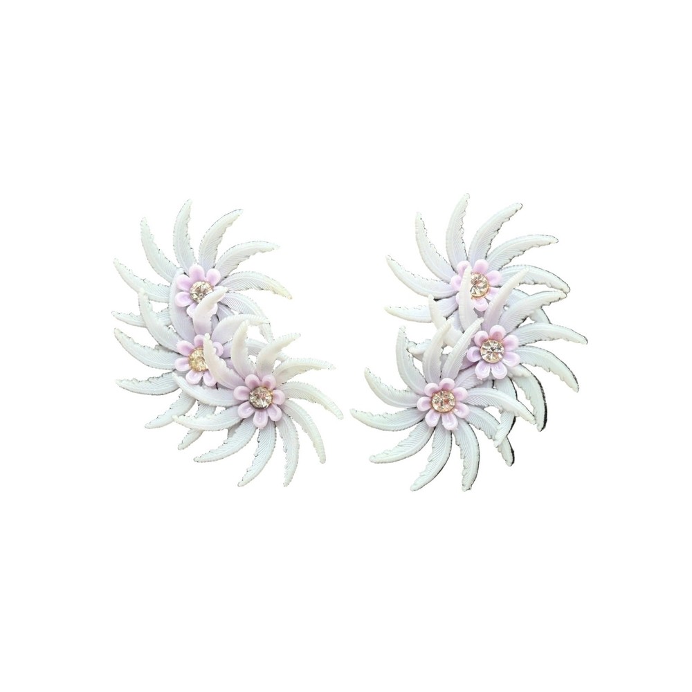 1950s Lavender Plastic Triple Floral Ear Climber Clip Earrings with Rhinestones