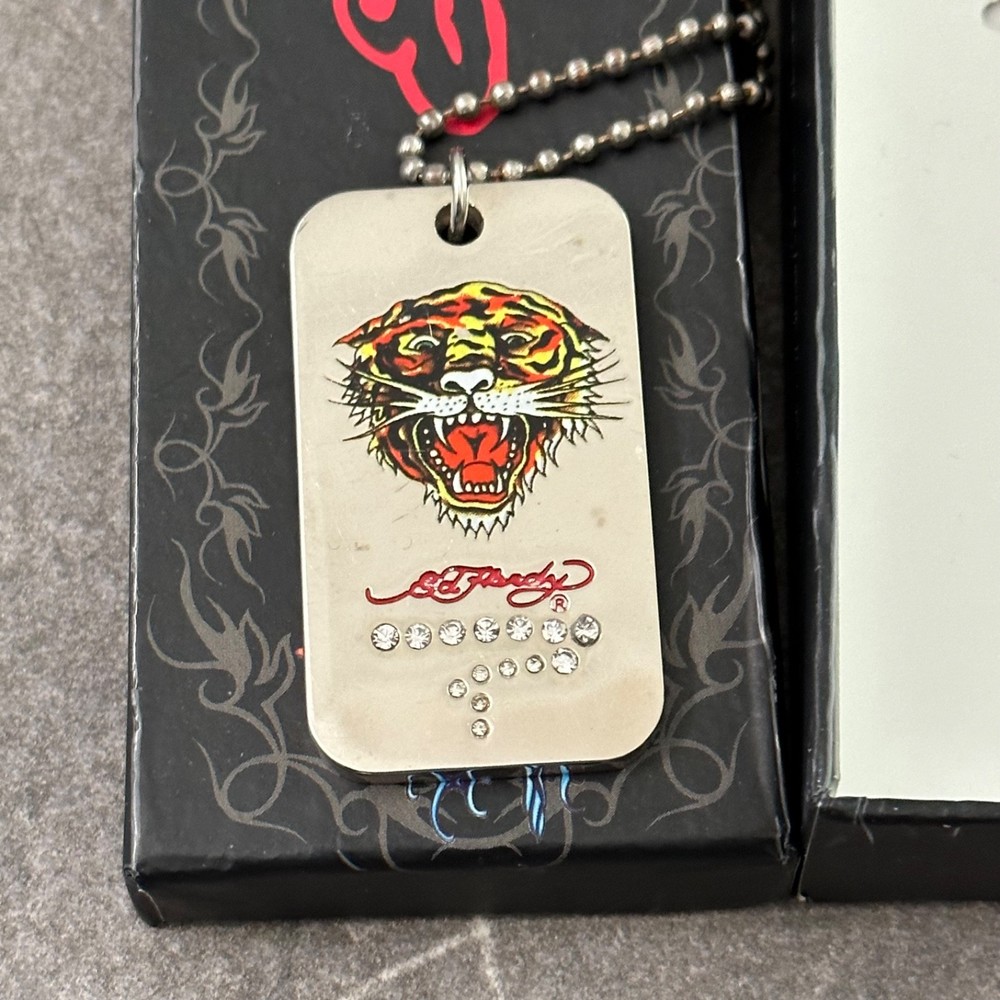 Y2K Vintage Ed Hardy Tiger Dog Tag Necklace Rhinestone Pendant Chain Set – Rare