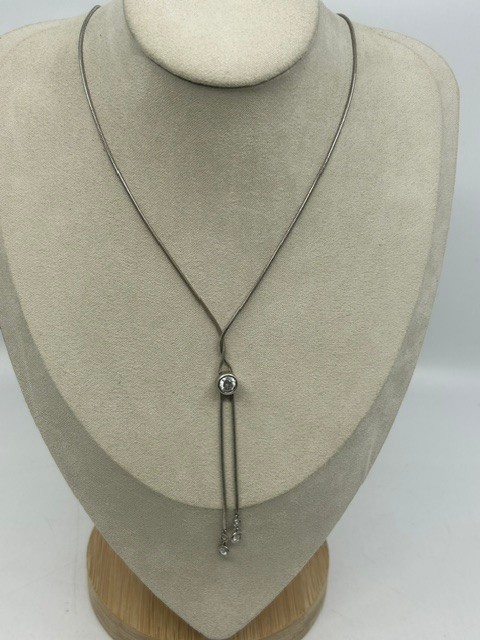 Vintage CZ Sterling Silver Signed 925 Lariat Tassel Snake Chain Crystal Necklace