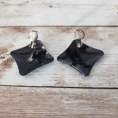Vintage Clip On Earrings – Unusual Black Pattered Squished Square Shape