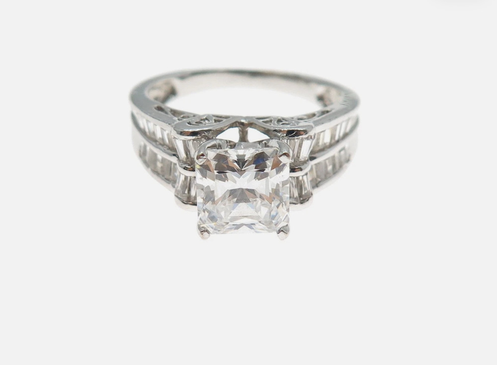 MEDA 925 Sterling Princess & Tapered Baguette-Cut C Z Engagement Ring