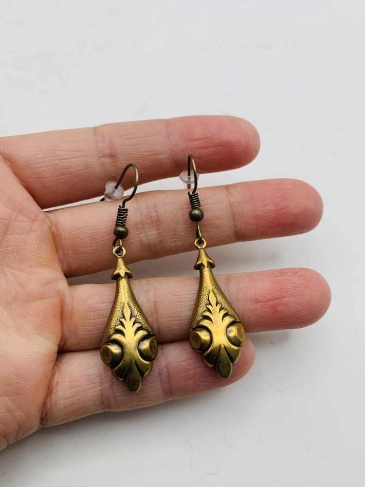 Vintage Art Nouveau Style Elegant Egyptian Greek Vase Bronze Tone Hook Earrings