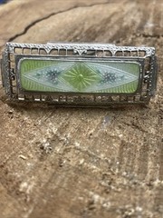 Enamel Yellow Lavender Guilloche Estate Vtg Silver J Hook Clasp Bar Brooch Pin