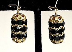 Vintage Black Glass Rhinestone Gold Tone Dangle Earrings Gothic Quiet Luxury EUC