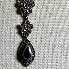 Vintage Victorian Black Onyx, Marcasite, Sterling Silver Lavalier Y Necklace