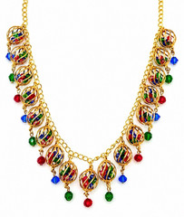 Vintage Festive Gold Tone Colorful Cage Bead Necklace Red Green Blue 21″