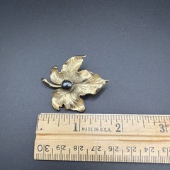 Vintage Gold Tone Maple Leaf Brooch Pin with Faux Black Pearl Center, 1960s