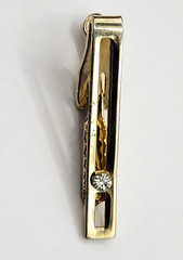 Modernist Open Metal Rectangle w Crystal Gold Tone Short Vintage Tie Clip Clasp