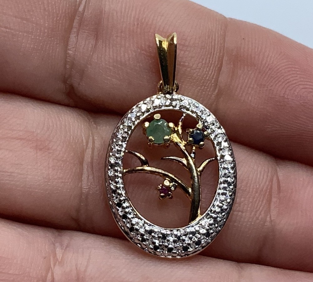 Ross Simons Gold Plated Sterling Silver Rhodium Multi Gemstones Tree Pendant