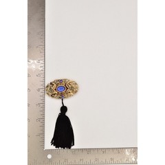 Vintage Cabochon Tassel Pin Brooch Lightweight Antiqued Gold Blue Black BinBG