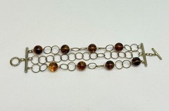 Vintage Bracelet Gold Tone Crackle Acrylic Lucite Beaded 3 Strand Toggle 8.5 in