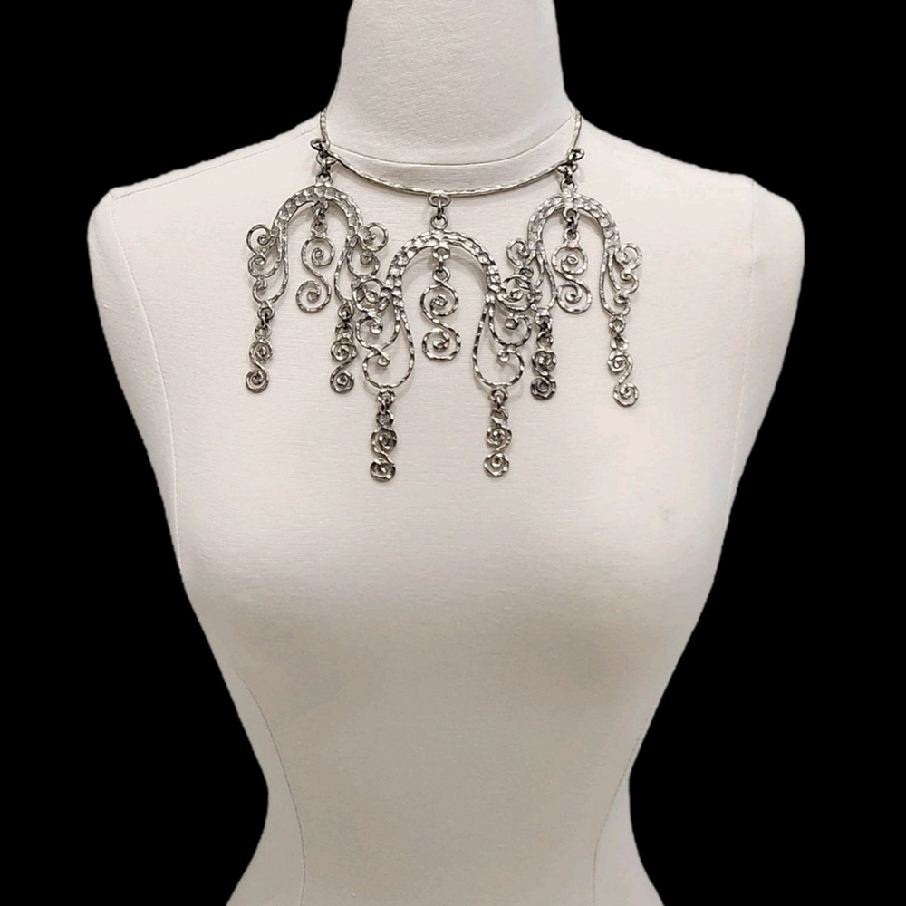 Vtg Hammered Necklace Etruscan Revival Scrollwork Choker Silver Tone Statement