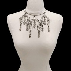 Vtg Hammered Necklace Etruscan Revival Scrollwork Choker Silver Tone Statement