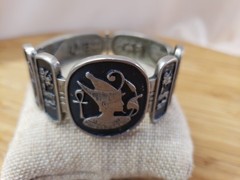 Vintage Egyptian 800 Silver Niello Storyteller Panel Hinged Bracelet