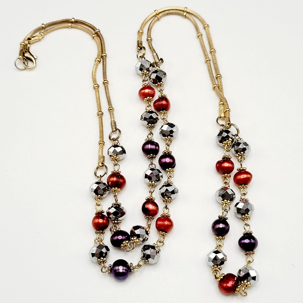 Colorful Burgundy and Plum Pearl with Crystal Beaded Long Station Necklace 36 in