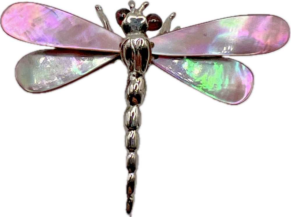 Swoboda Garnet Mop Dragonfly Brooch Mother Of Pearl Wings Signed Costume Jewelry