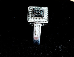 Vintage Sterling Silver Black Clear Square Cushion Diamond Ring