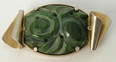 Vintage Art Deco Carved Floral Varied Green Bakelite Catalin Curled Ribbon Pin