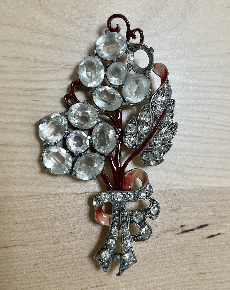Vintage Staret Signed Enamel Inset Flower Clear Rhinestone Brooch Pin Rare