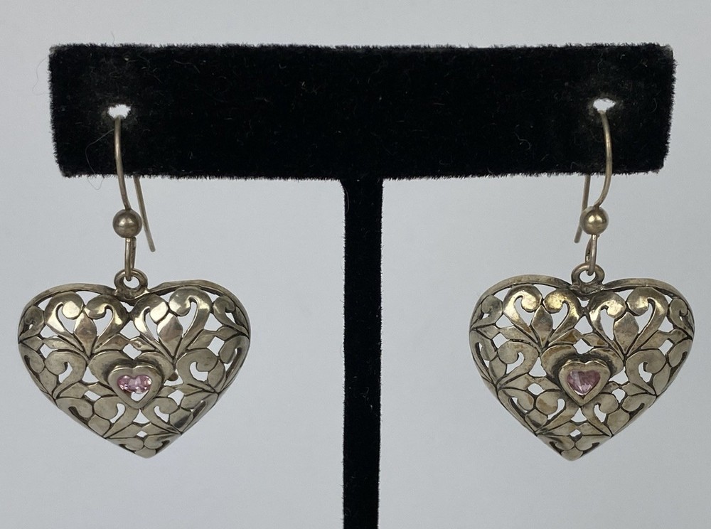 Sterling Silver 925 Jezlaine filigree Heart Pink Stone Dangle Earrings 1.5″