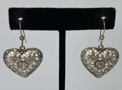 Sterling Silver 925 Jezlaine filigree Heart Pink Stone Dangle Earrings 1.5″