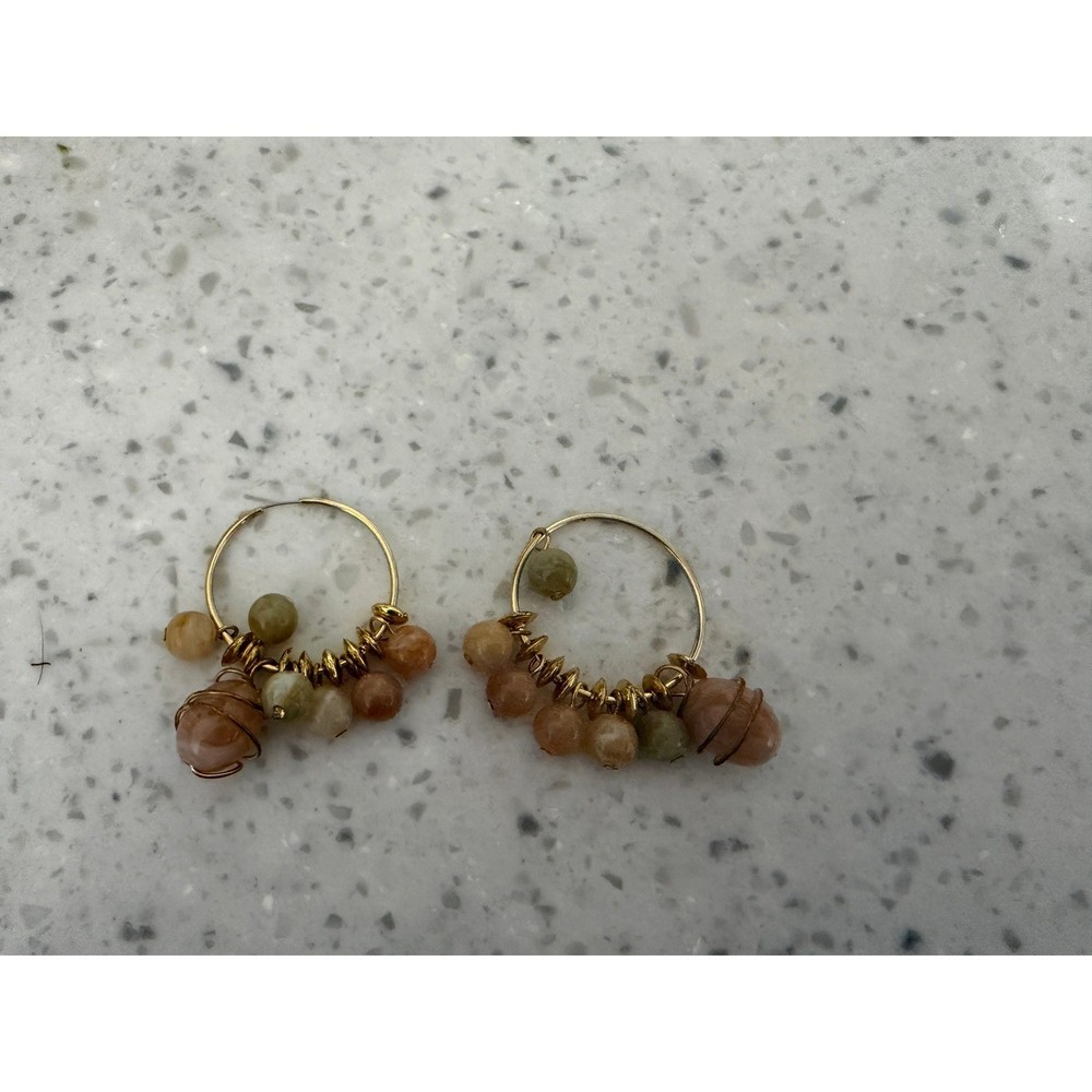 Vintage Gold Tone Beaded Hoop Earrings Boho Earth Tone Stone Wire Wrapped Drop