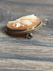 Vintage Antique Carved Shell Cameo Brooch Pendant Floral Tulips 800 Silver