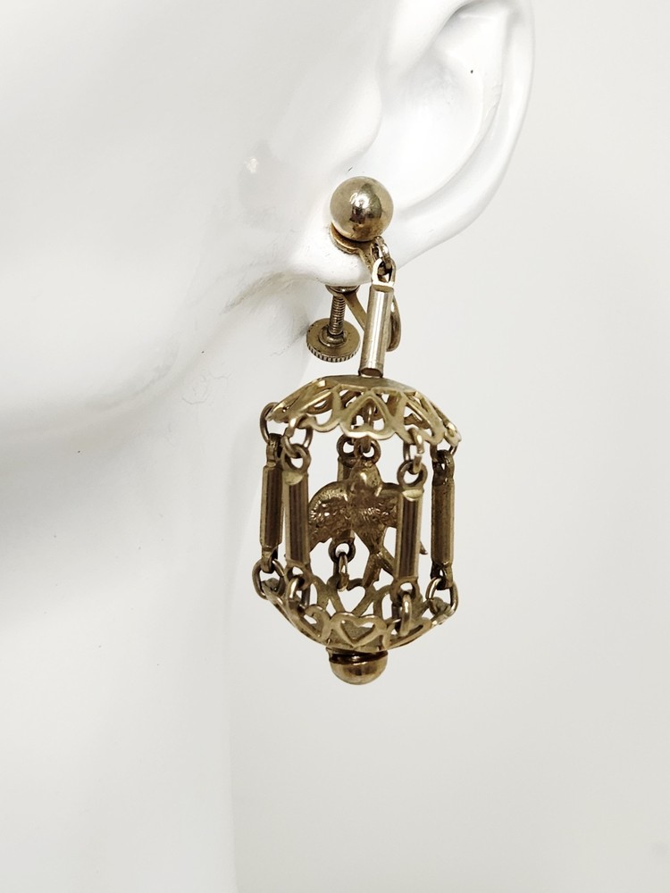 Pair Vintage Gold Tone Dangle Screw-Back Bird Cage Earrings