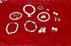 Pearl Jewelry Lot 5 Bracelets, 1 Pin And 7 Earrings Gold Silver Rhinestones Nice