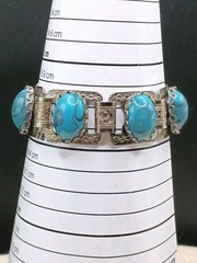 Vintage Silver Tone Etched Panel Bracelet Chunky Blue Faux Stone Statement 6.75”