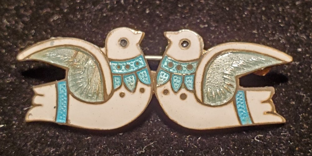 Vintage Margot De Taxco Sterling Silver Twin Dove Enamel Pin Brooch