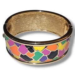 Erwin Pearl Colorful Enamel Mosaic Hinged Bangle Bracelet Gold Tone Wide