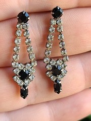 Vintage 1950s Jet Black Rhinestone Waterfall Dangle Earrings Hollywood Glam