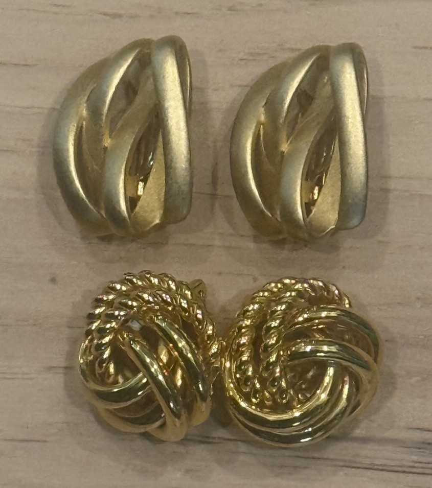 2 Pair Erwin Pearl Vintage Clip Earrings Statement Chunky Matte Gold & Gold Tone