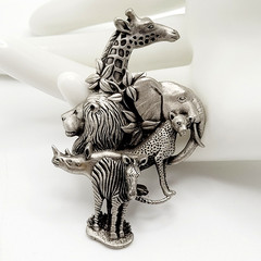 Fable Safari Africa Animal 3D Sculpted Pewter Silver Tone Collage Vtg Brooch Pin