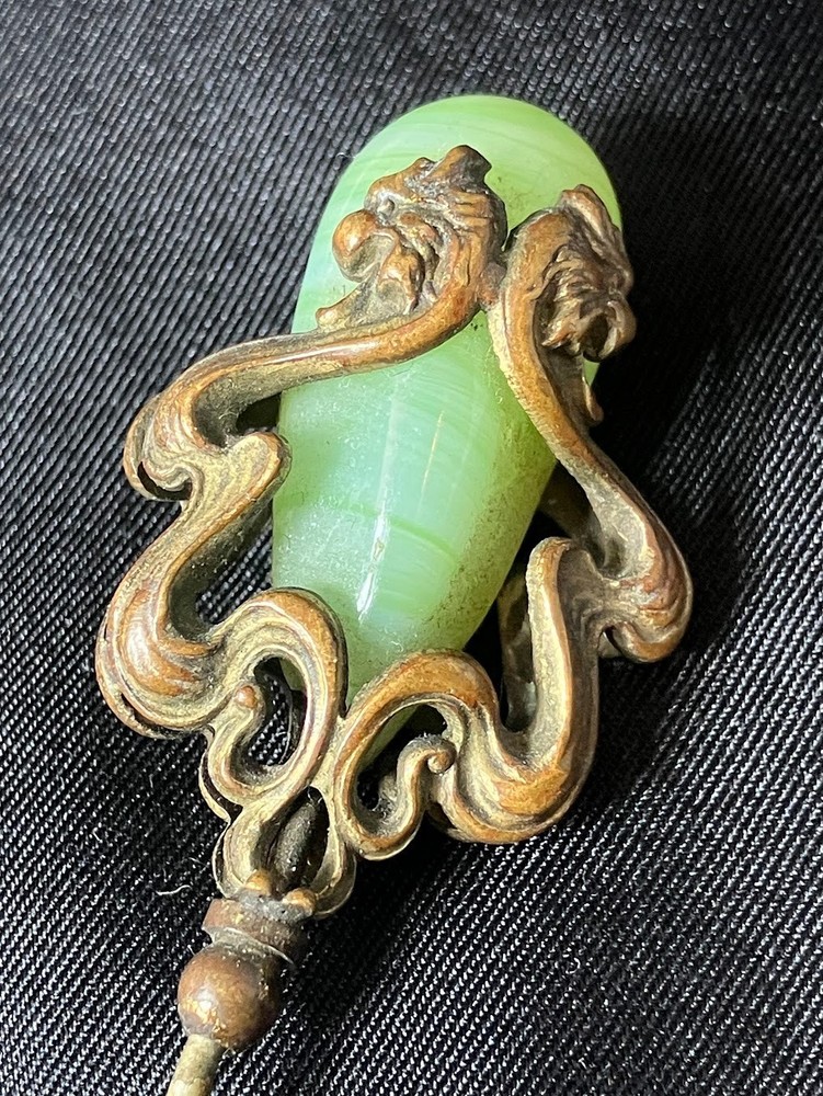 Art Nouveau Serpent Stick Pin Swirled Green Glass Dragon Face CHIP