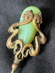 Art Nouveau Serpent Stick Pin Swirled Green Glass Dragon Face CHIP